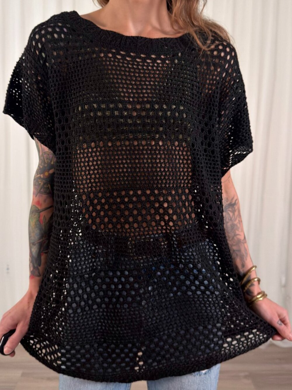 Black Sheer Open Knit Top Swim Cover Up Size Medium